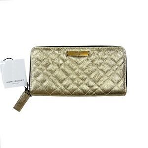 NEW Kurt Geiger London | Gold Quilted Zip Around Wallet Metallic Leather Logo